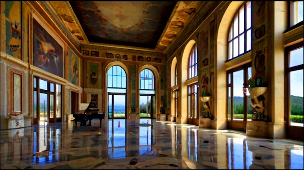 a Italian Renaissance Palazzo Interior with a piano and a painting of a room