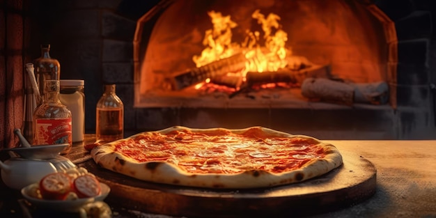 Интерьер кухни итальянского ресторана с традиционной дровяной кирпичной печью, свежей пиццей и ингредиентами на столе Generative AI