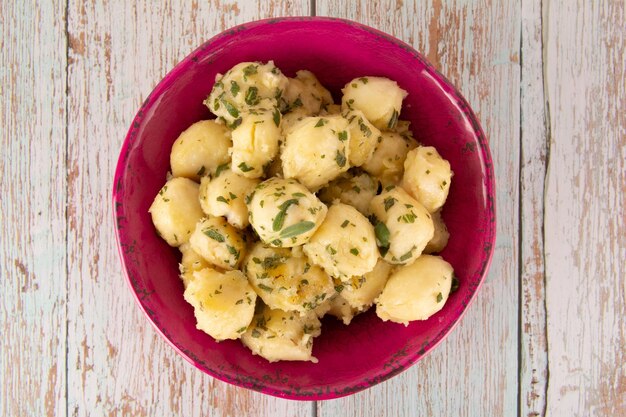 Italian Sage Gnocchi in a pink bowl