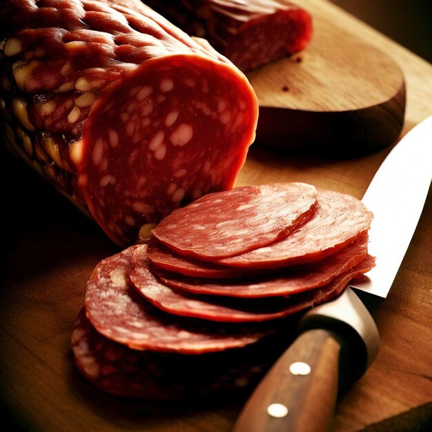 italian salami slices on cutting board with kitchen knife