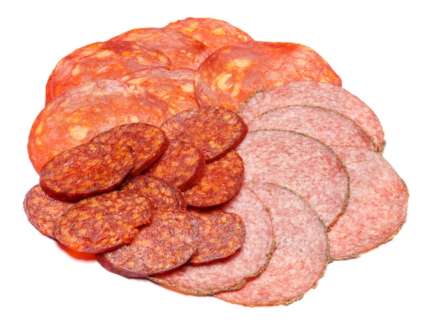 Italian Salami or spanish chorizo on white isolated