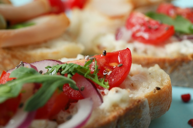 Italian snack bruschetta, close up and selective focus