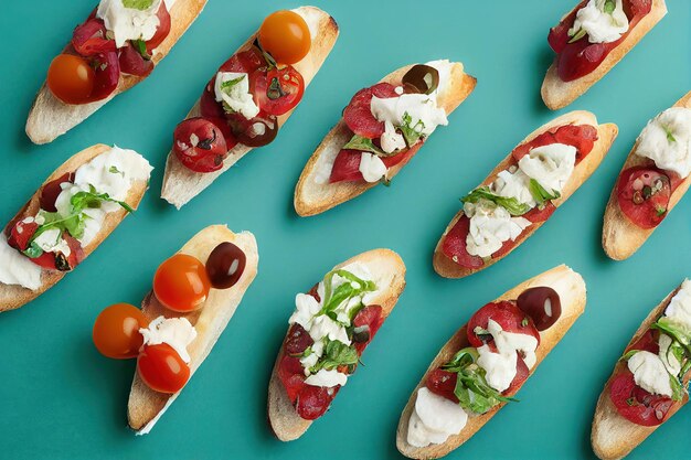 Italian snack bruschetta cuisine with tomatoes and cheese on green background