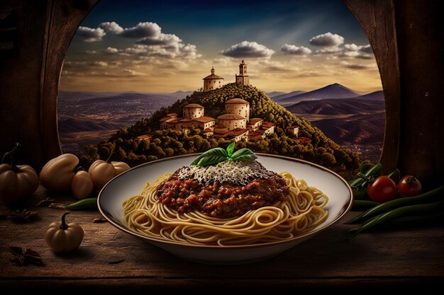 Italian Spaghetti Bolognese Plate with Picturesque Countryside Background AI