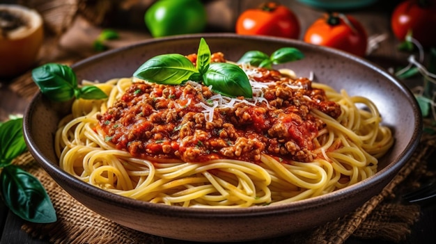 Italian spaghetti bolognese with tomato sauce and meat Copy space Generative Ai
