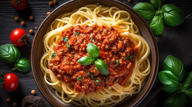 Итальянские спагетти болоньезе с томатным соусом и мясом Copy space Generative Ai