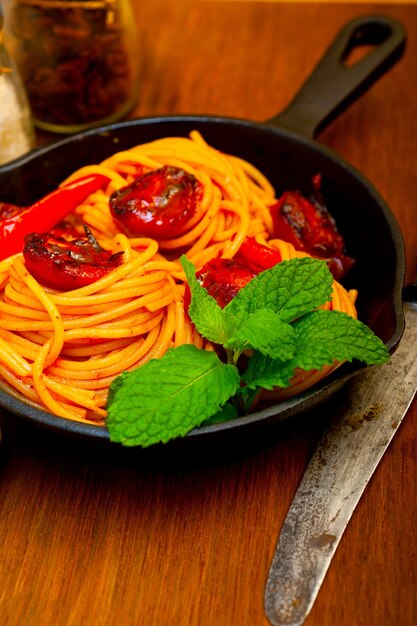 Italian spaghetti pasta and tomato with mint leaves on iron skillet over wood board