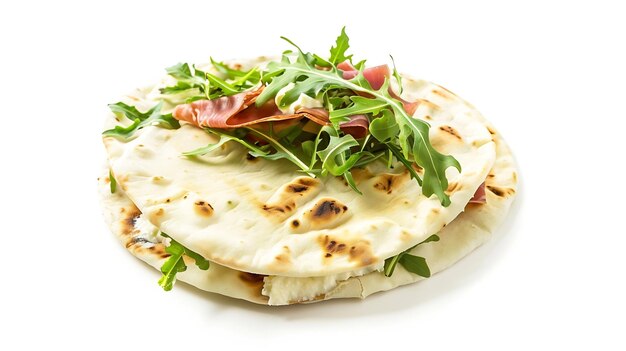 Photo italian street food flat lay with piadina isolated on a white background piadina ro generative ai