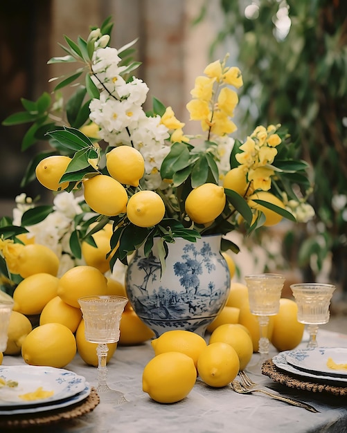 イタリアのテーブルサービスの装飾結婚式のインスピレーションレモンスタイル