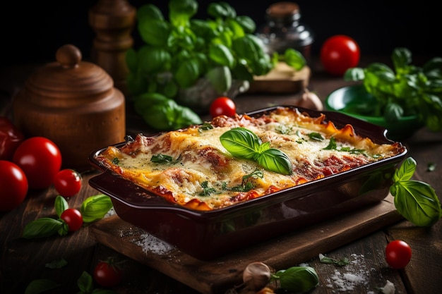 Foto la gustosa lasagna italiana in pentola di ceramica su un tavolo di legno