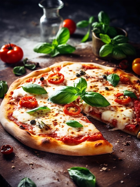 Italian tasty pizza with tomatoes mozzarella basil olives Mediterranean Kitchen