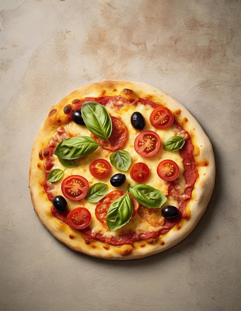 Итальянская вкусная пицца с помидорами, моцареллой, базиликом, оливками, средиземноморской кухней.