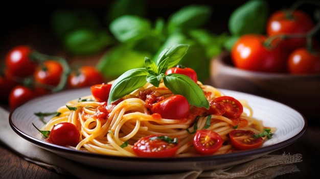 Italian tomato pasta with basil on the wooden table close up