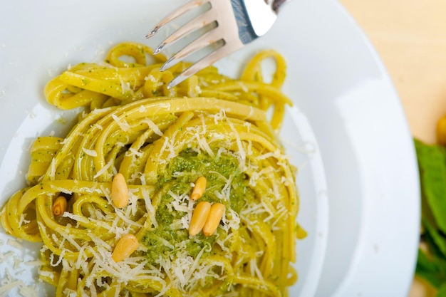 Italian traditional basil pesto pasta ingredients