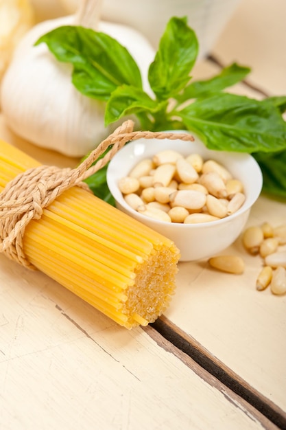 Italian traditional basil pesto pasta ingredients