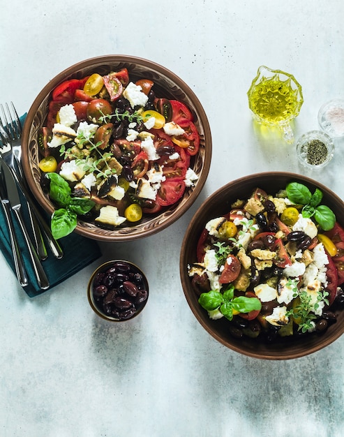 Italian traditional Tuscan panzanella salad with fresh tomatoes and cheese in clay plates. authentic Mediterranean healthy food