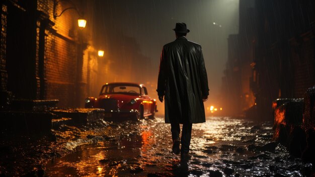 Photo an italian undercover agent wearing a black tuxedo and trench coat enters a dark and dangerouslooking alley