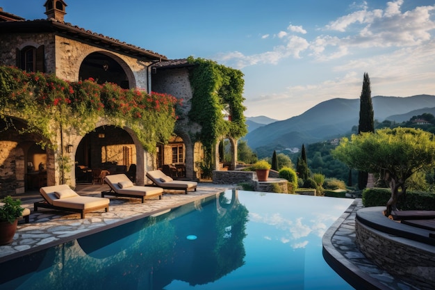 초여름 아침에 수영장과 산의 전망을 감상할 수 있는 이탈리아 빌라