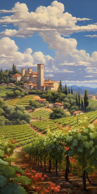 Italian Vineyard Landscape Painting Inspired By Artgerm And Italian Renaissance Revival