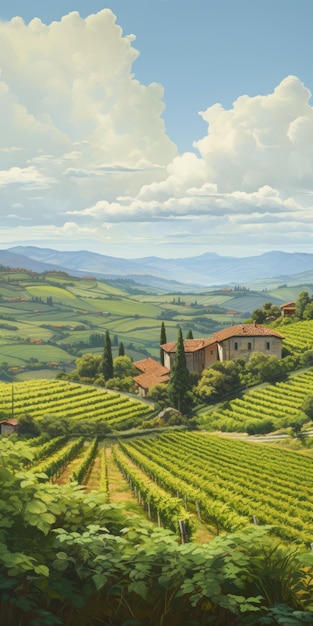 Italian Vineyard Landscape Painting In Renaissance Style