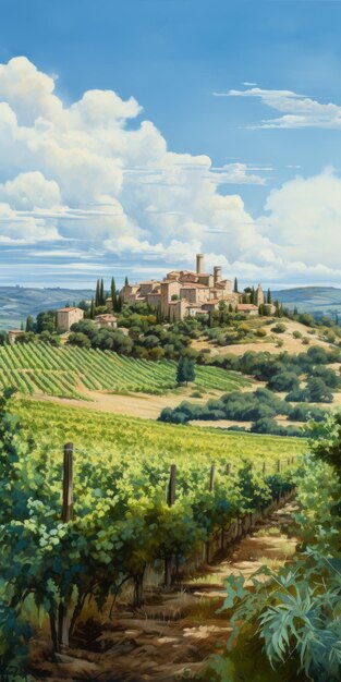 Italian Vineyard Landscape Painting In The Style Of Dalhart Windberg