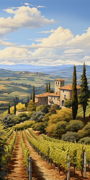 Italian Vineyard Landscape Painting In The Style Of Dalhart Windberg