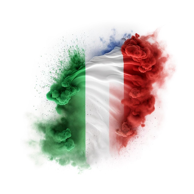 Мелкий порошок флага итальянской волны взрывается на белом фоне