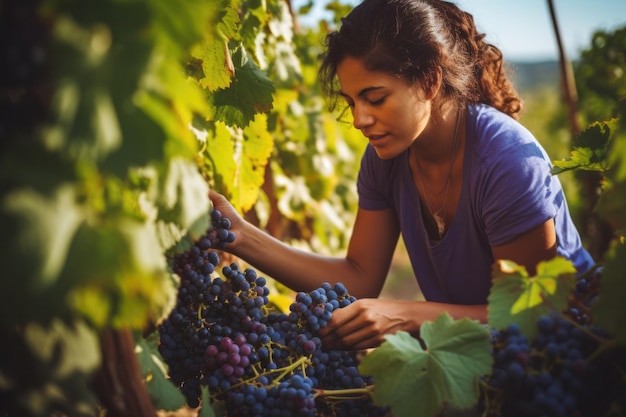 italian woman countryside picking ripe vineyard