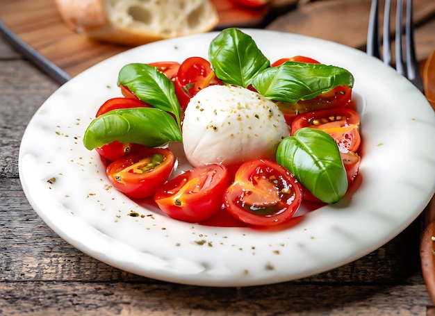 Foto immagini ravvicinate di cucina italiana di insalata gourmet caprese con pomodori di ciliegio e formaggio mozzarella