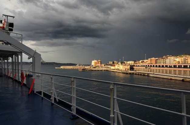 Italy Calabria view of Villa StGiovanni town from a ferryboat