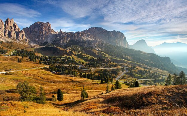 Italy Dolomites moutnain at sunrise Road to passo gardena