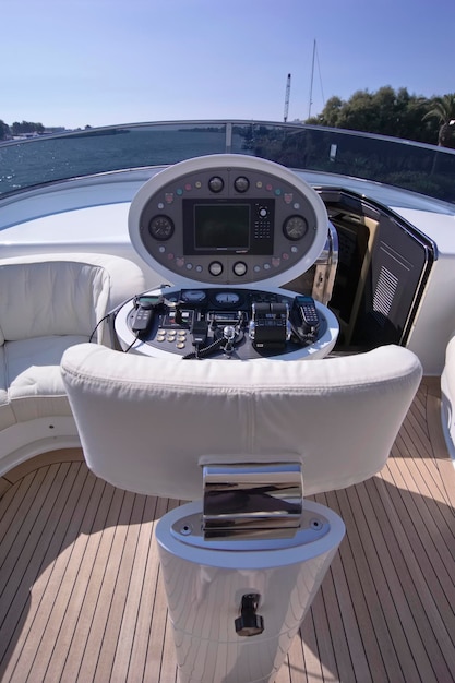 Italy, Fiumicino (Rome); 26 September 2005, MAIORA luxury yacht in the port, view of the flybridge and the cockpit - EDITORIAL