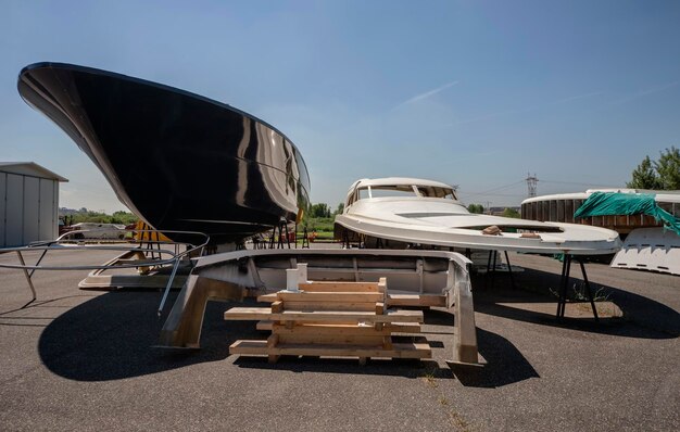 Italy, Fiumicino (Rome), luxury yacht under construction in a boatyard
