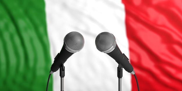 Italy flag background with two microphones in front of it Close up view 3d illustration