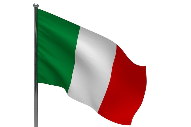 Italy flag on pole. Metal flagpole. National flag of Italy 3D illustration on white