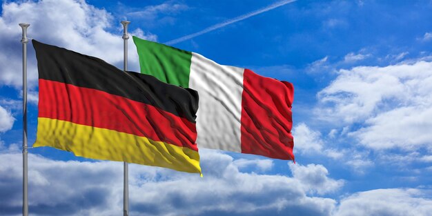 Italy and Germany waving flags on blue sky 3d illustration