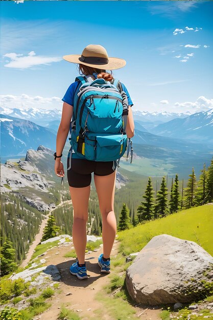 ストローハットをかぶったイタリアの女の子が夏のハイキングと美しい風景を楽しんでいます