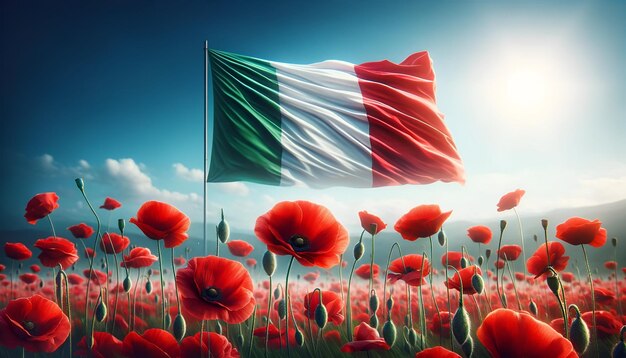 Sfondio del giorno della liberazione d'italia con la bandiera d'italia che ondeggia in un campo di papaveri rossi