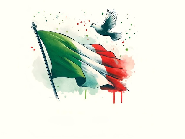 Foto illustrazione ad acquerello del giorno della liberazione dell'italia con bandiera italiana e colomba bianca