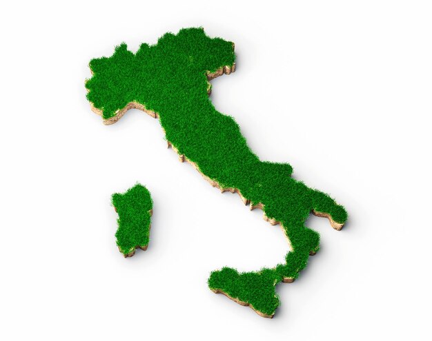 Italy Map soil land geology cross section with green grass and Rock ground texture 3d illustration