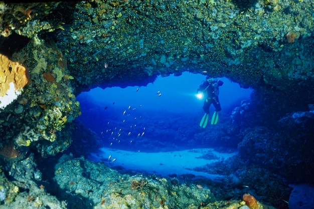 Italy, Mediterranean Sea, U.W. photo, Ponza Island;  a scuba diver swimming in a cave (FILM SCAN)