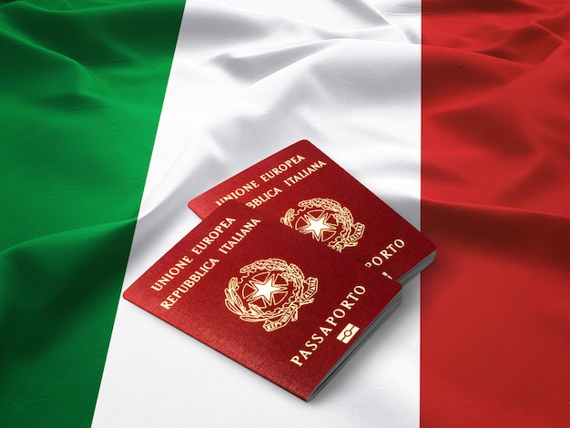 サテンのイタリア国旗の上にイタリアのパスポート