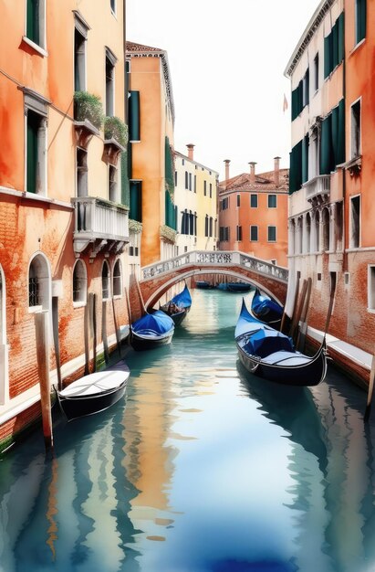 Фото Италия открытка путешествие концепция акварель иллюстрация водных каналов с гондолами в венеции
