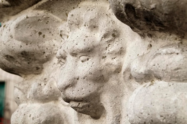 이탈리아, 로마, 오래된 돌 꽃병에 새겨진 사자 얼굴