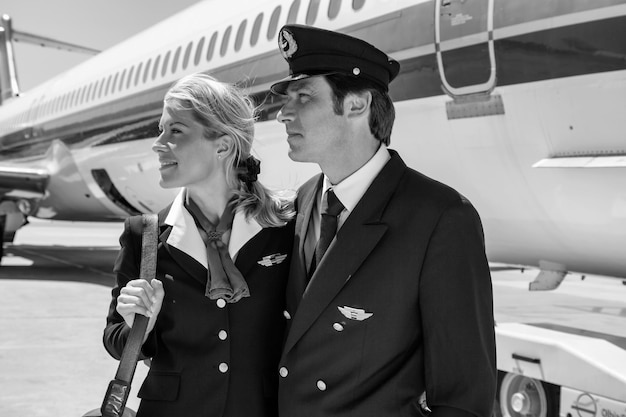 Photo italy, sardinia, olbia international airport, flight assistants near an airplane