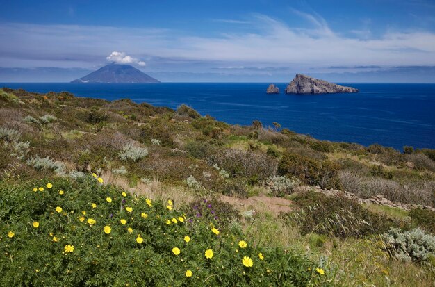 Italy, Sicily, Aeolian Islands, Panarea, Stromboli island in the background