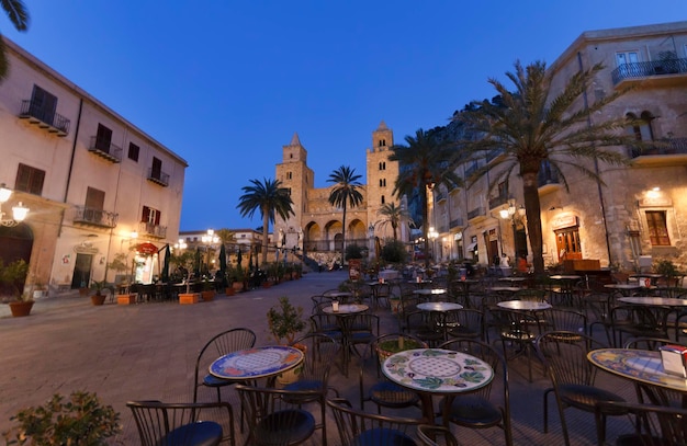 Italy, Sicily, Cefalù, view of the Cathedral (Duomo) at sunset