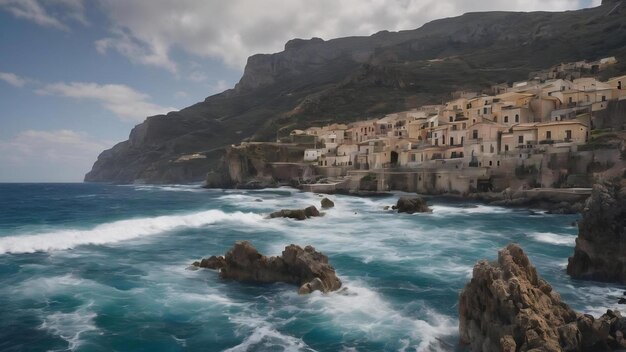 イタリア シチリア運河 冬の荒れた地中海