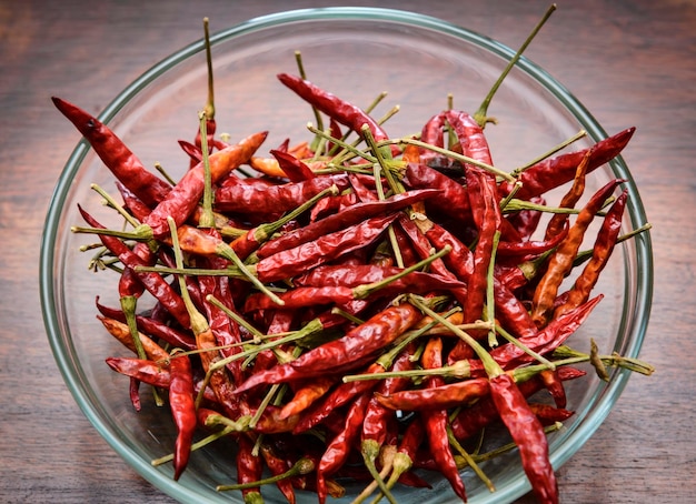 Italy, sicily, dry sicilian red hot chili peppers in a bowl on a wooden table