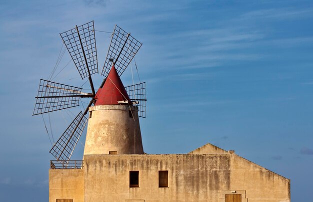 Italy, Sicily, Marsala (Trapani), Mozia salt flats, windmill